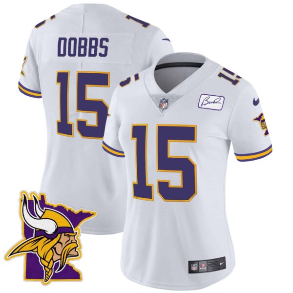 Women’s Vikings Bud Grant Patch Classic Limited Jersey V5 – All Stitched – White – Joshua Dobbs