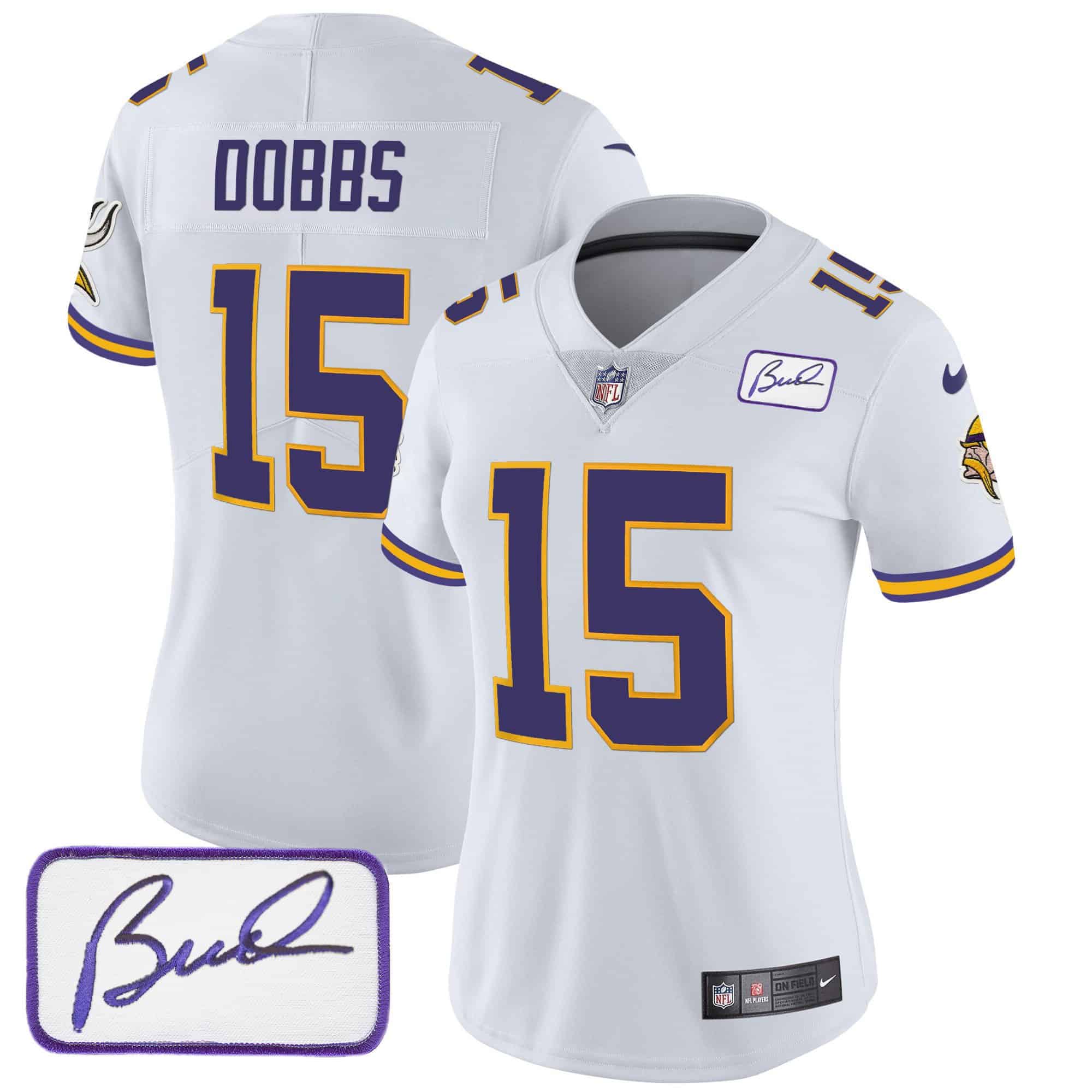 Women’s Vikings Bud Grant Patch Classic Limited Jersey V3 – All Stitched – White – Joshua Dobbs