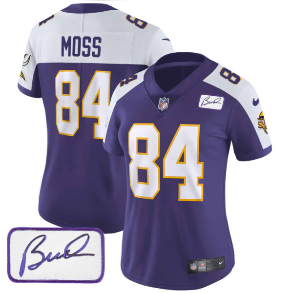 Women’s Vikings Bud Grant Patch Classic Limited Jersey V3 – All Stitched – Purple Alternate – Randy Moss