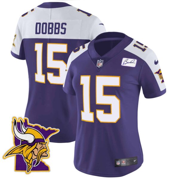 Women’s Vikings Bud Grant Patch Classic Limited Jersey V5 – All Stitched – Purple Alternate – Joshua Dobbs
