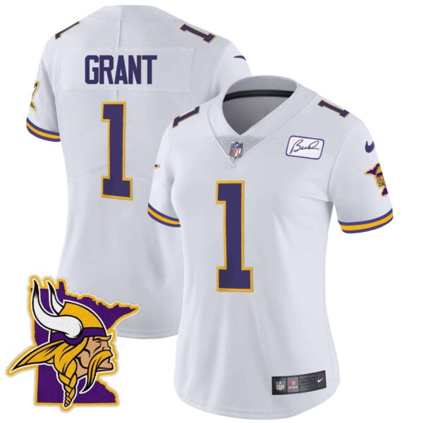 Women’s Vikings Bud Grant Patch Classic Limited Jersey V5 – All Stitched – White – Bud Grant
