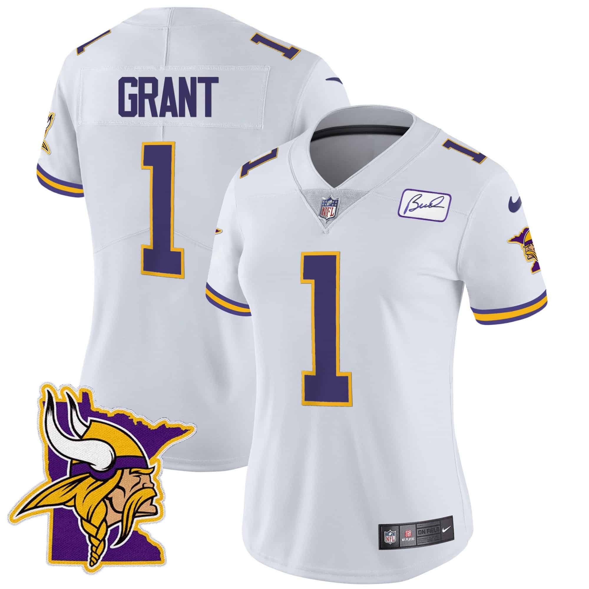 Women’s Vikings Bud Grant Patch Classic Limited Jersey V5 – All Stitched – White – Bud Grant