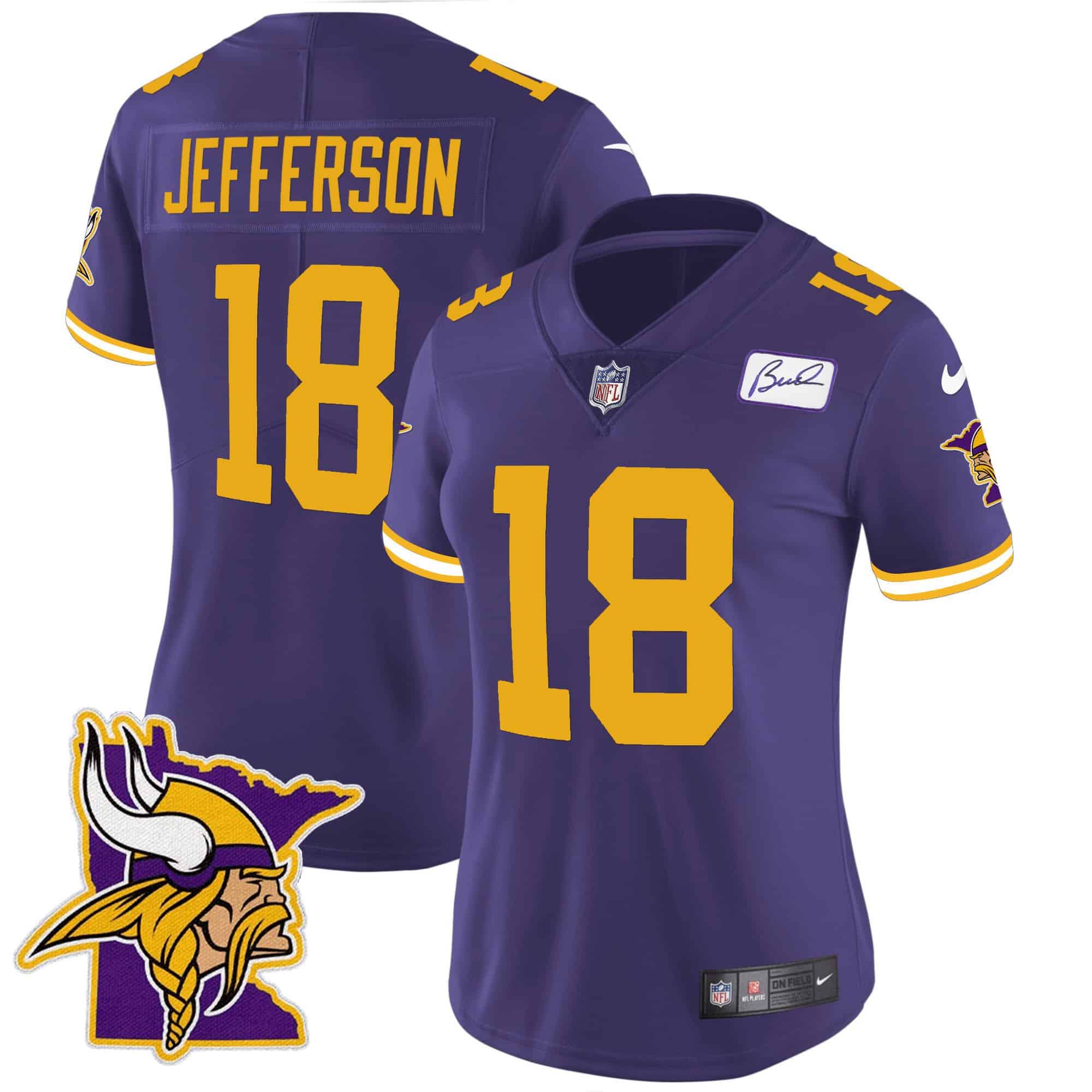 Women’s Vikings Bud Grant Patch Classic Limited Jersey V5 – All Stitched – Color Rush – Justin Jefferson