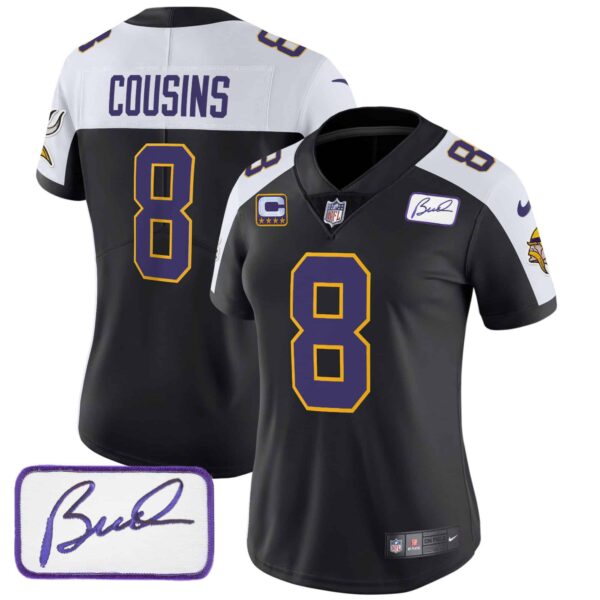 Women’s Vikings Bud Grant Patch Classic Limited Jersey V3 – All Stitched – Black Alternate – Kirk Cousins