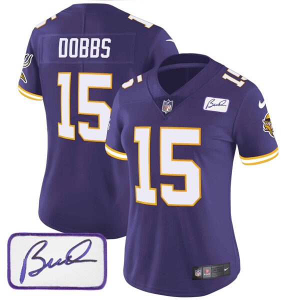 Women’s Vikings Bud Grant Patch Classic Limited Jersey V3 – All Stitched – Purple – Joshua Dobbs