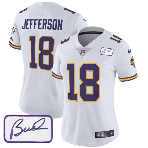 Women’s Vikings Bud Grant Patch Classic Limited Jersey V3 – All Stitched – White – Justin Jefferson