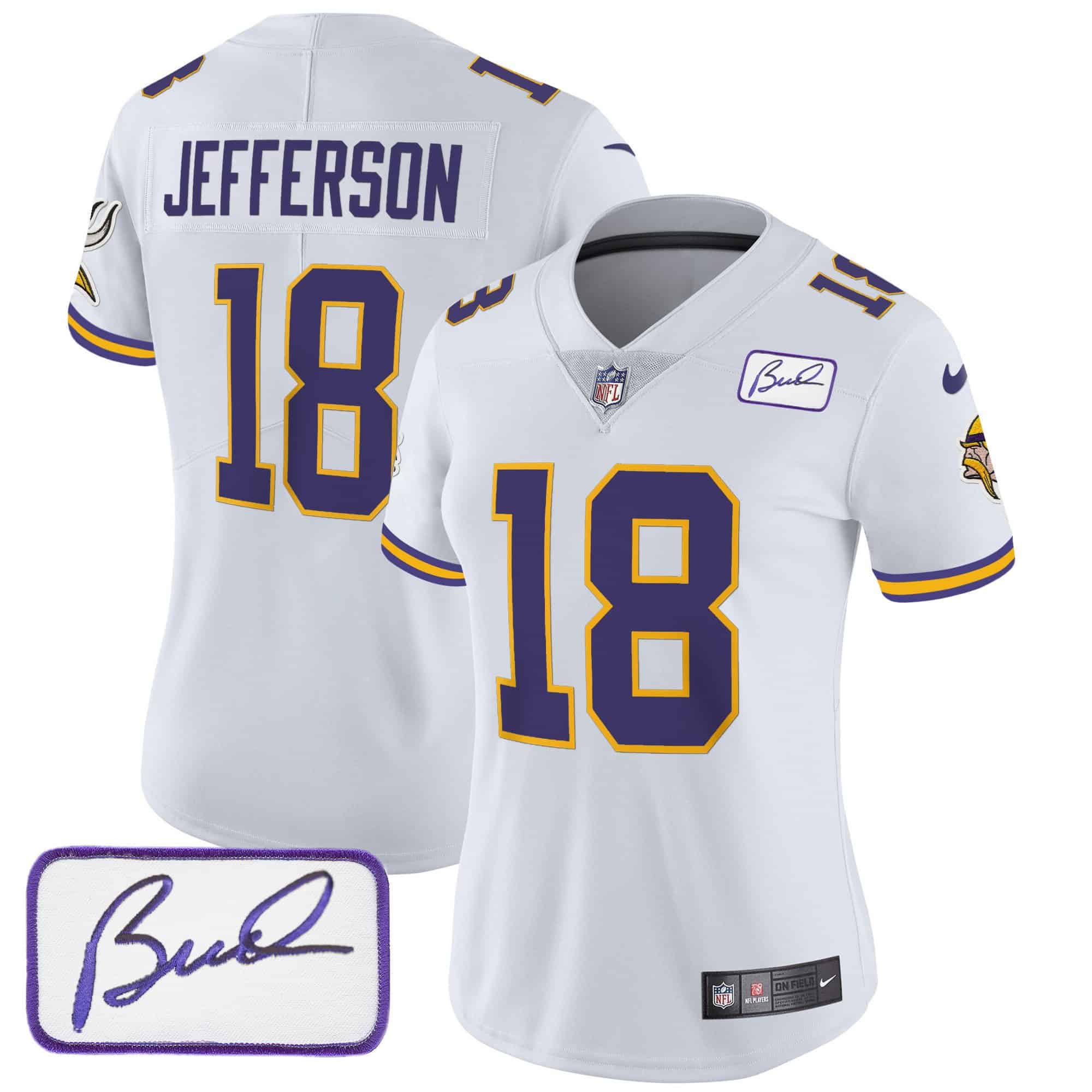 Women’s Vikings Bud Grant Patch Classic Limited Jersey V3 – All Stitched – White – Justin Jefferson