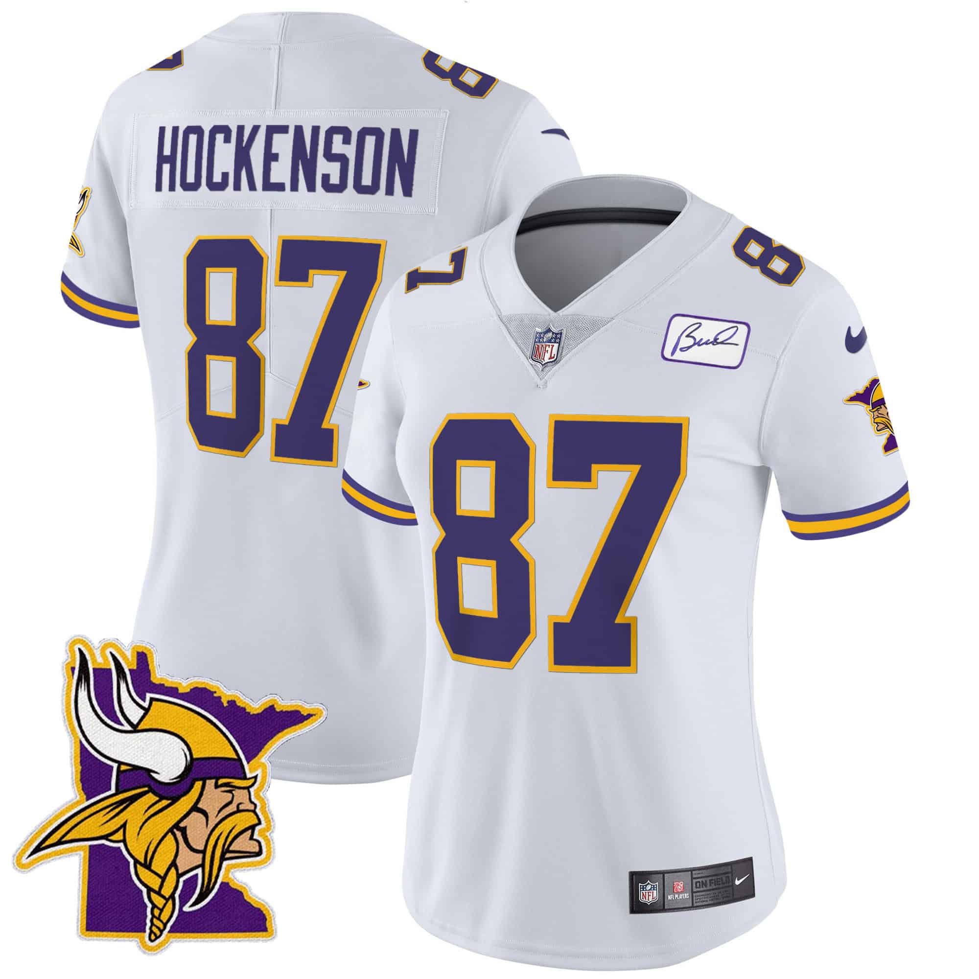 Women’s Vikings Bud Grant Patch Classic Limited Jersey V5 – All Stitched – White – T.J. Hockenson