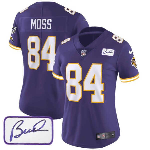 Women’s Vikings Bud Grant Patch Classic Limited Jersey V3 – All Stitched – Purple – Randy Moss