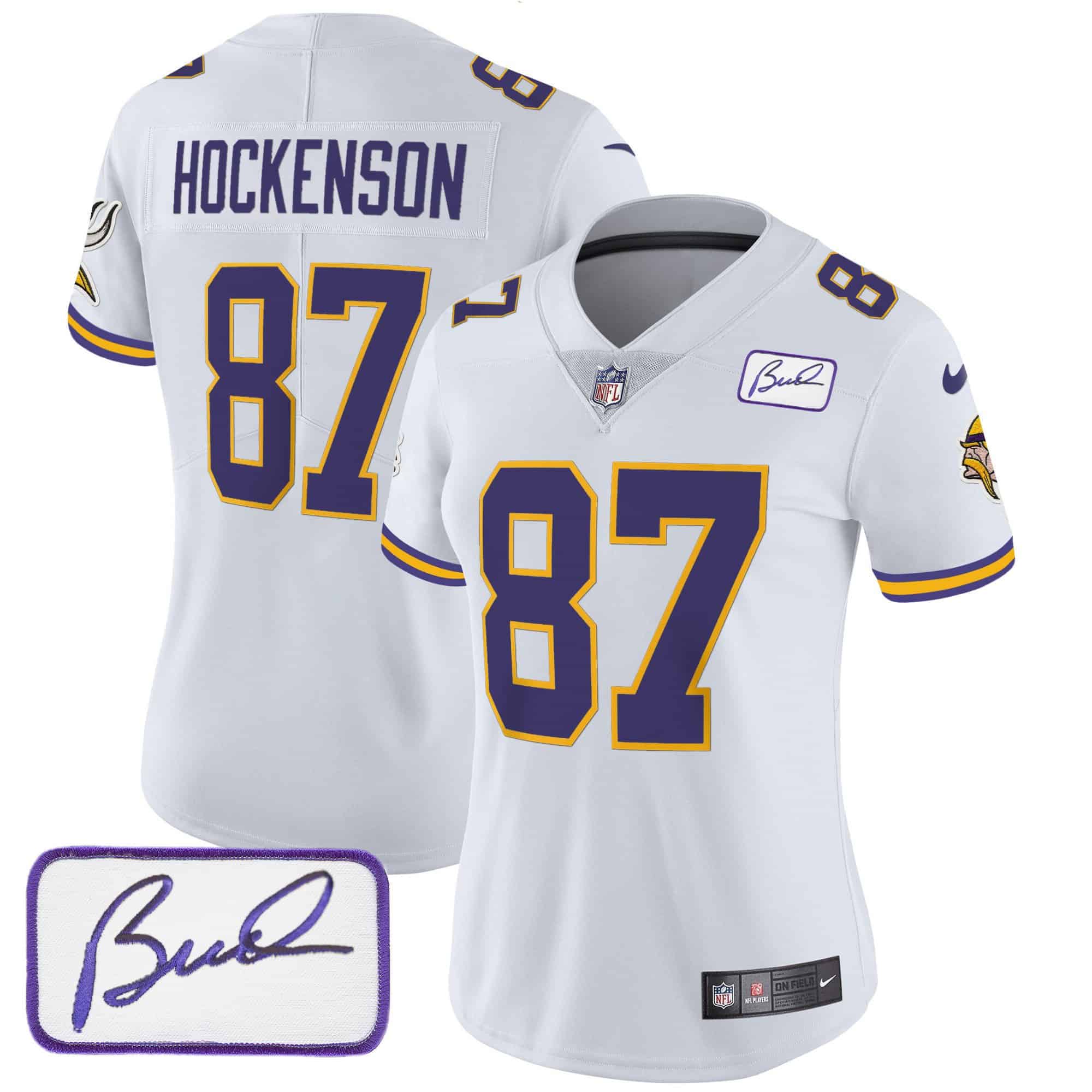 Women’s Vikings Bud Grant Patch Classic Limited Jersey V3 – All Stitched – White – T.J. Hockenson