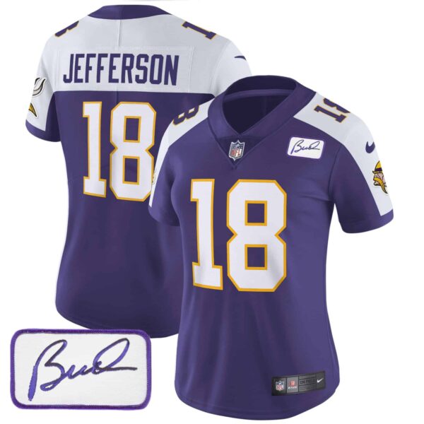 Women’s Vikings Bud Grant Patch Classic Limited Jersey V3 – All Stitched – Purple Alternate – Justin Jefferson