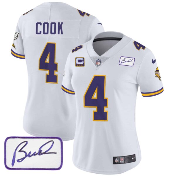 Women’s Vikings Bud Grant Patch Classic Limited Jersey V3 – All Stitched – White – Dalvin Cook