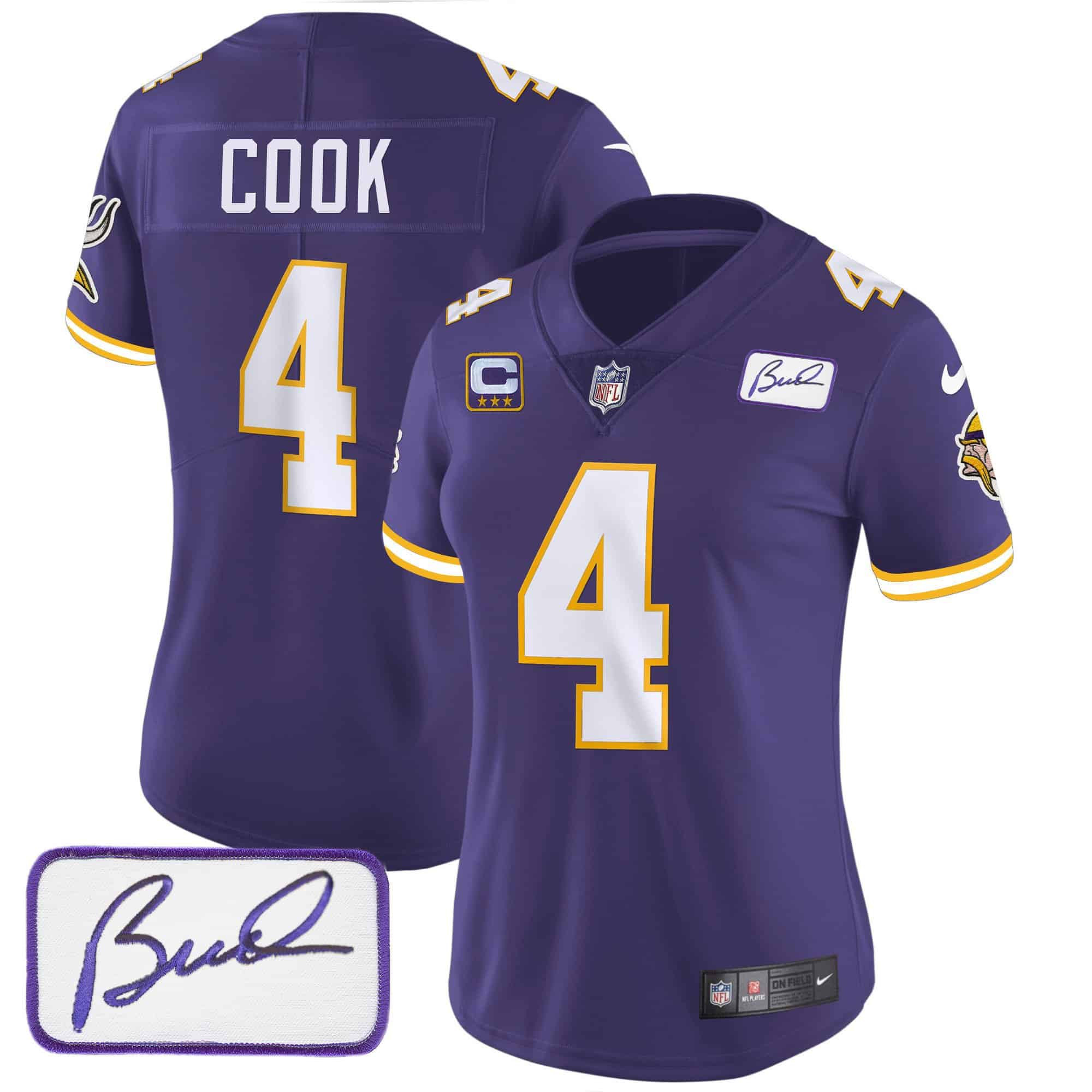 Women’s Vikings Bud Grant Patch Classic Limited Jersey V3 – All Stitched – Purple – Dalvin Cook