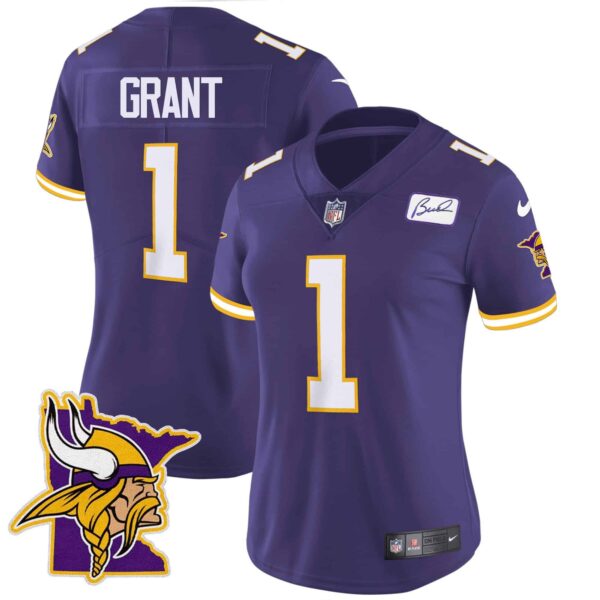 Women’s Vikings Bud Grant Patch Classic Limited Jersey V5 – All Stitched – Purple – Bud Grant