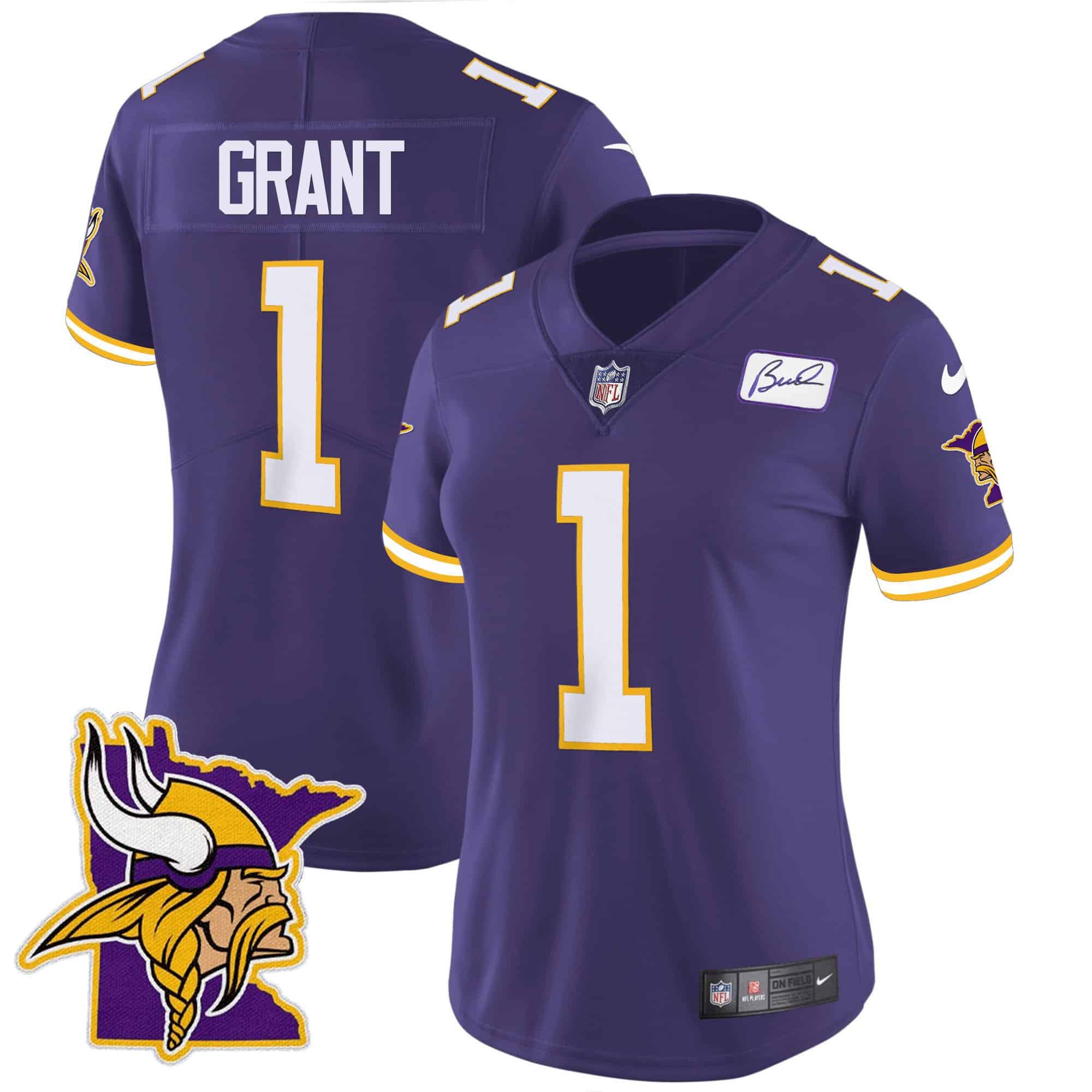 Women’s Vikings Bud Grant Patch Classic Limited Jersey V5 – All Stitched – Purple – Bud Grant