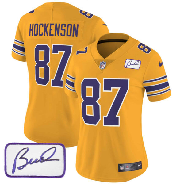 Women’s Vikings Bud Grant Patch Classic Limited Jersey – All Stitched – Gold – T.J. Hockenson