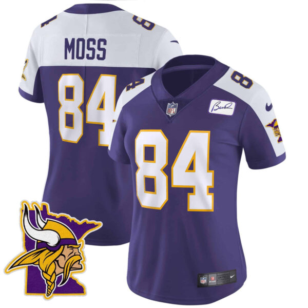 Women’s Vikings Bud Grant Patch Classic Limited Jersey V5 – All Stitched – Purple Alternate – Randy Moss