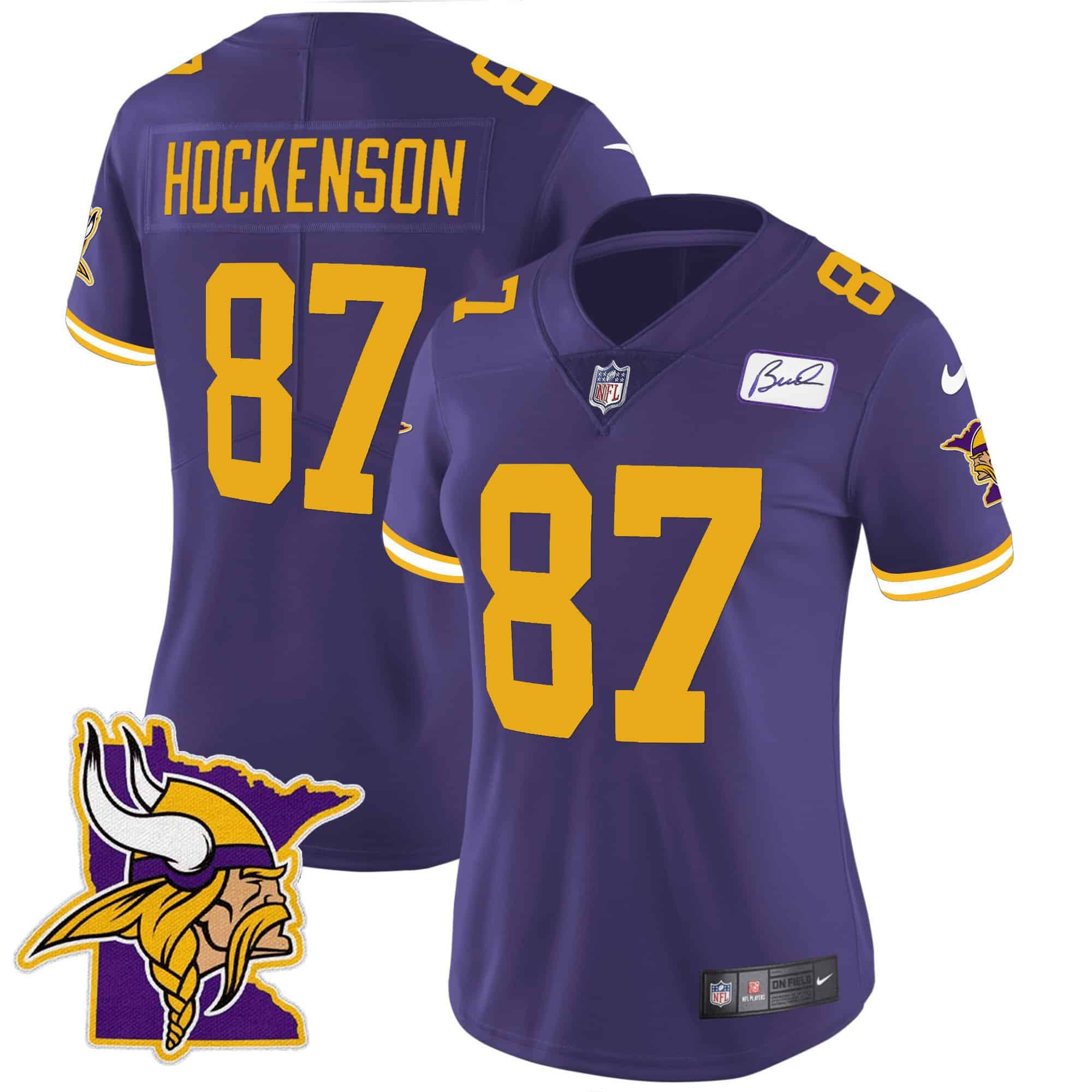 Women’s Vikings Bud Grant Patch Classic Limited Jersey V5 – All Stitched – Color Rush – T.J. Hockenson