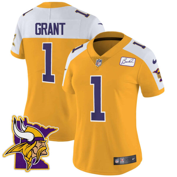 Women’s Vikings Bud Grant Patch Classic Limited Jersey V5 – All Stitched – Gold Alternate – Bud Grant