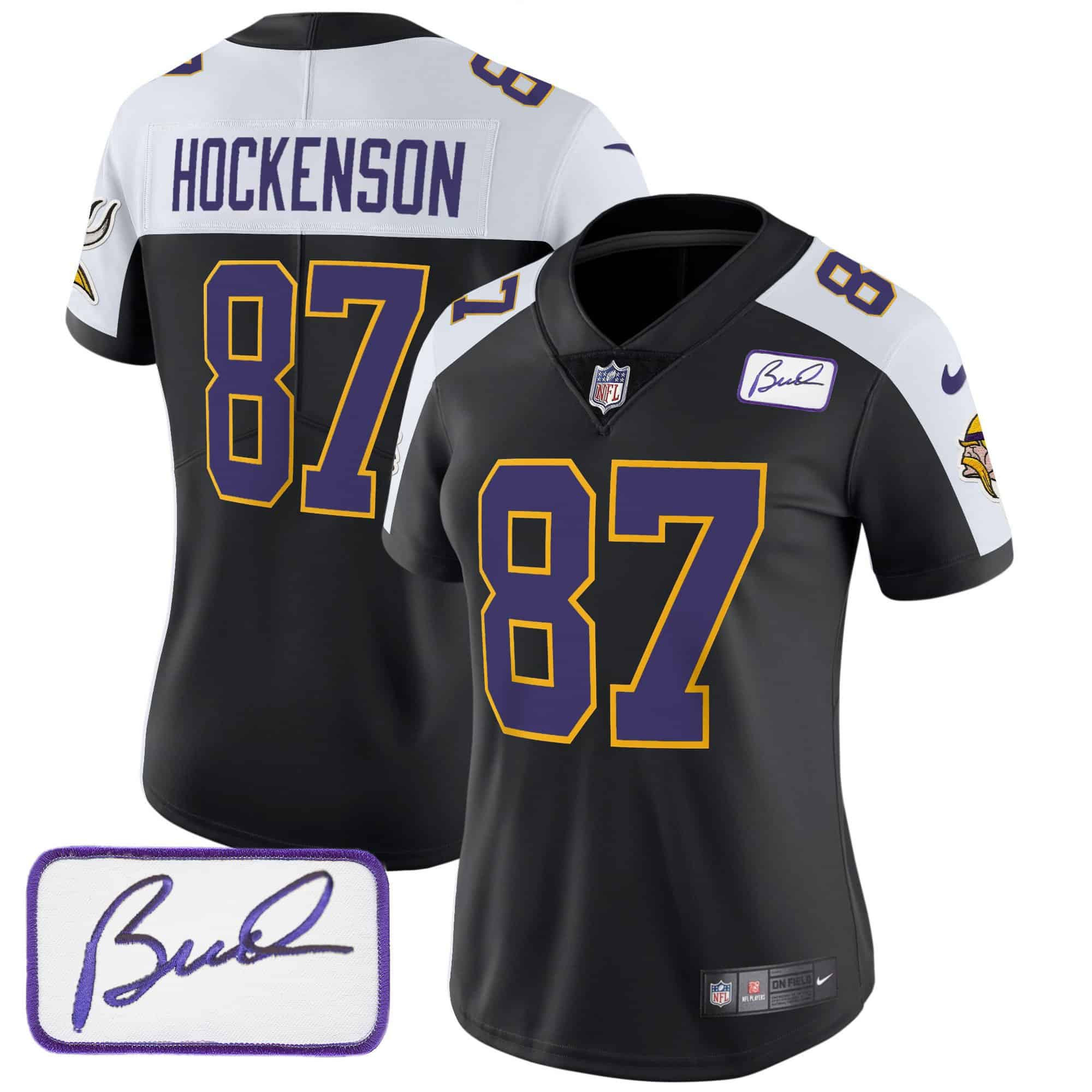 Women’s Vikings Bud Grant Patch Classic Limited Jersey V3 – All Stitched – Black Alternate – T.J. Hockenson