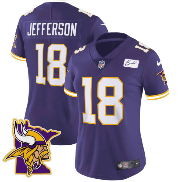 Women’s Vikings Bud Grant Patch Classic Limited Jersey V5 – All Stitched – Purple – Justin Jefferson