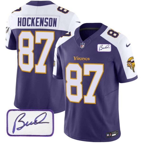 Men’s Vikings Bud Grant Patch Classic Limited Jersey V6 – All Stitched – Purple Alternate – T.J. Hockenson