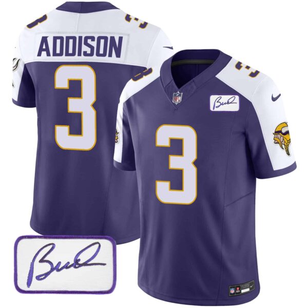 Men’s Vikings Bud Grant Patch Classic Limited Jersey V4 – All Stitched – Purple Alternate – Jordan Addison