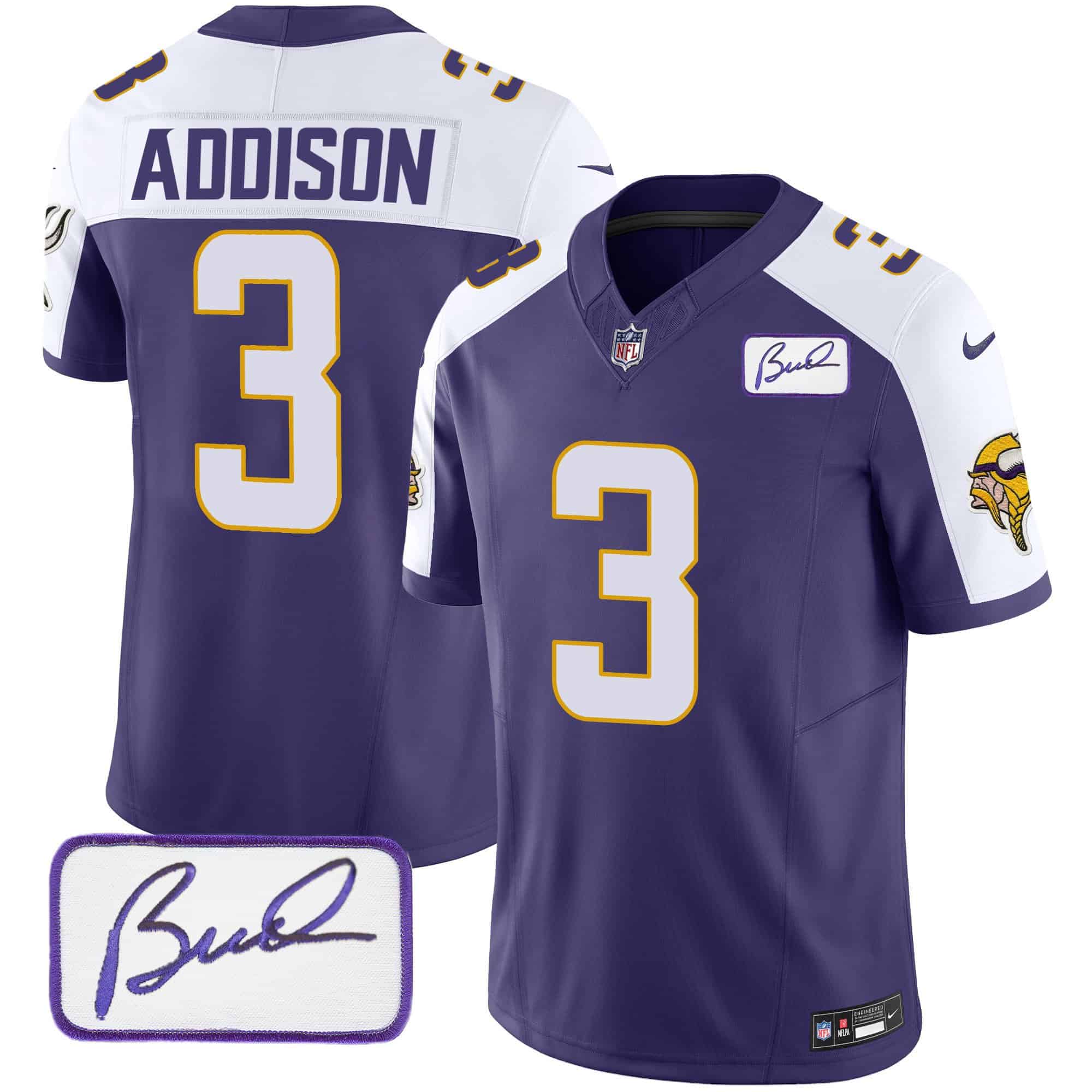 Men’s Vikings Bud Grant Patch Classic Limited Jersey V4 – All Stitched – Purple Alternate – Jordan Addison