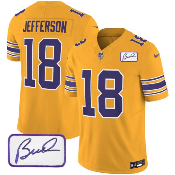 Men’s Vikings Bud Grant Patch Classic Limited Jersey – All Stitched – Gold – Justin Jefferson
