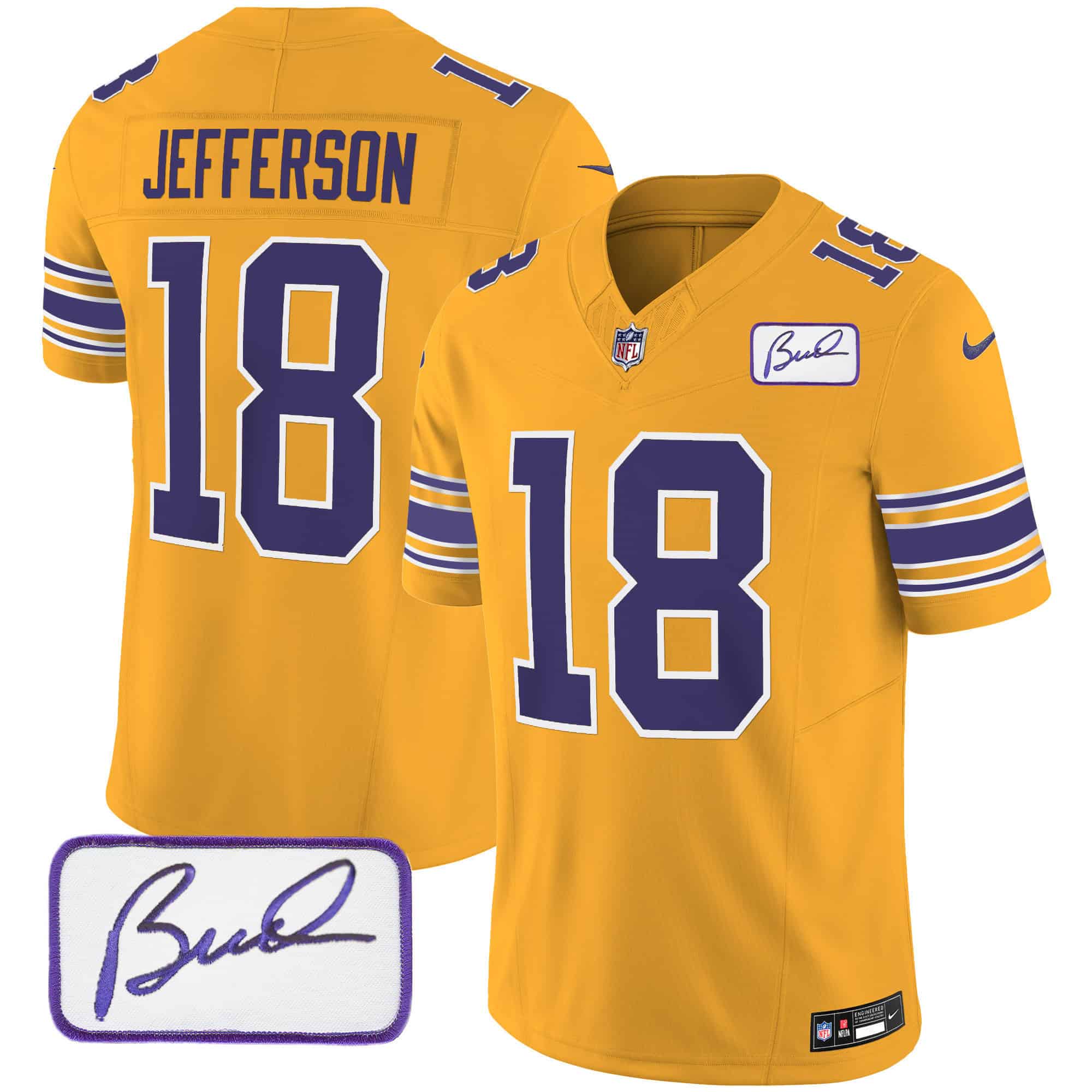 Men’s Vikings Bud Grant Patch Classic Limited Jersey – All Stitched – Gold – Justin Jefferson