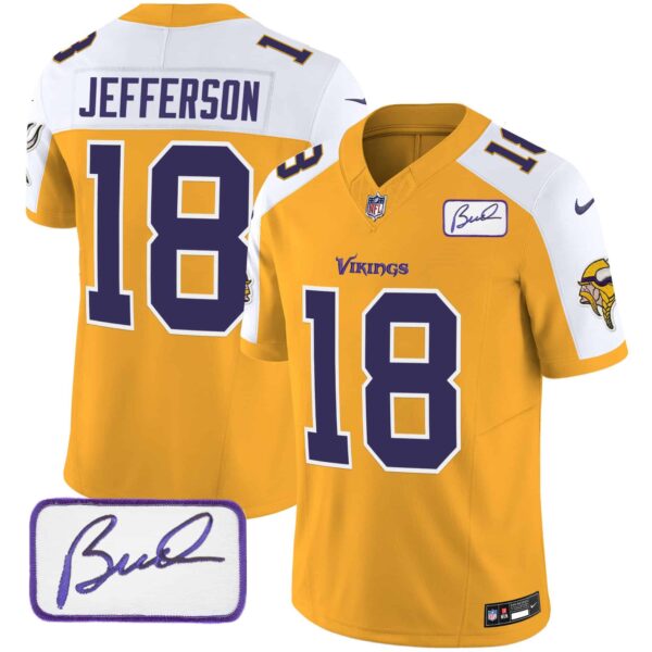Men’s Vikings Bud Grant Patch Classic Limited Jersey V6 – All Stitched – Gold Alternate – Justin Jefferson