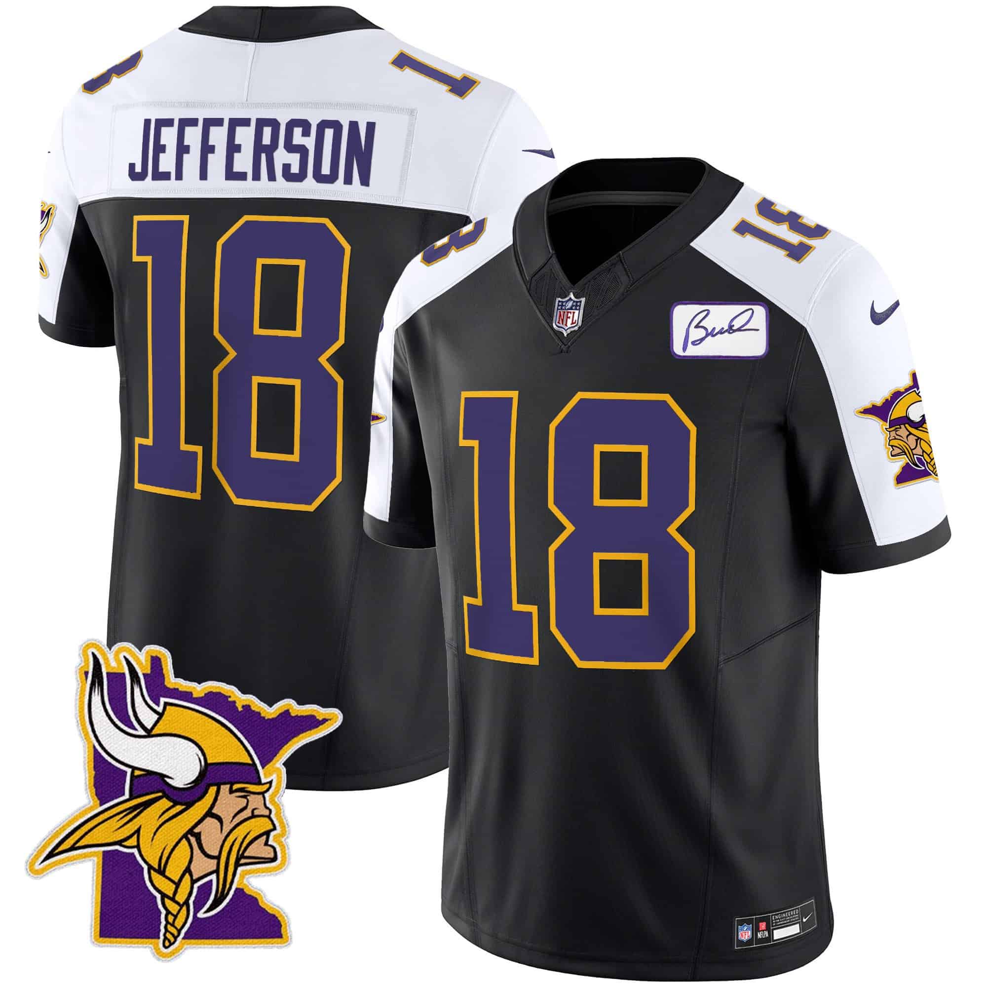 Men’s Vikings Bud Grant Patch Classic Limited Jersey V5 – All Stitched – Black Alternate – Justin Jefferson