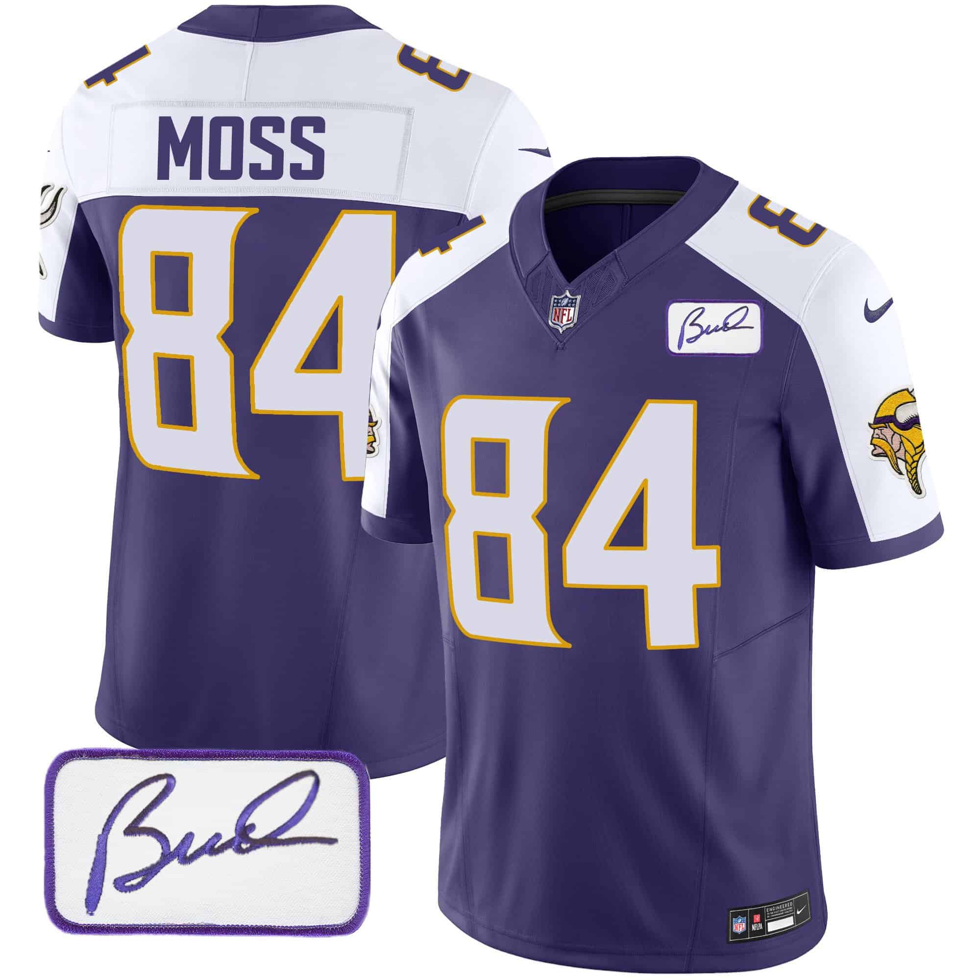 Men’s Vikings Bud Grant Patch Classic Limited Jersey V4 – All Stitched – Purple Alternate – Randy Moss