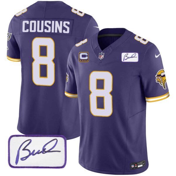 Men’s Vikings Bud Grant Patch Classic Limited Jersey V4 – All Stitched – Purple – Kirk Cousins