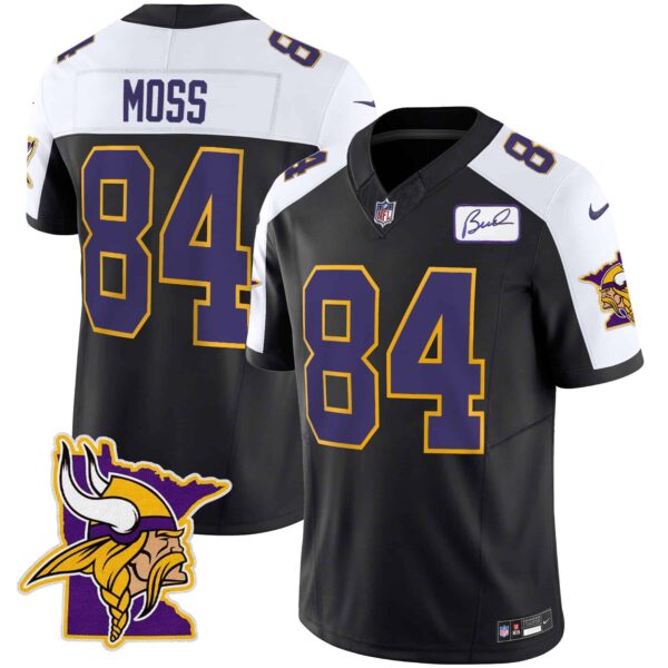 Men’s Vikings Bud Grant Patch Classic Limited Jersey V5 – All Stitched – Black Alternate – Randy Moss
