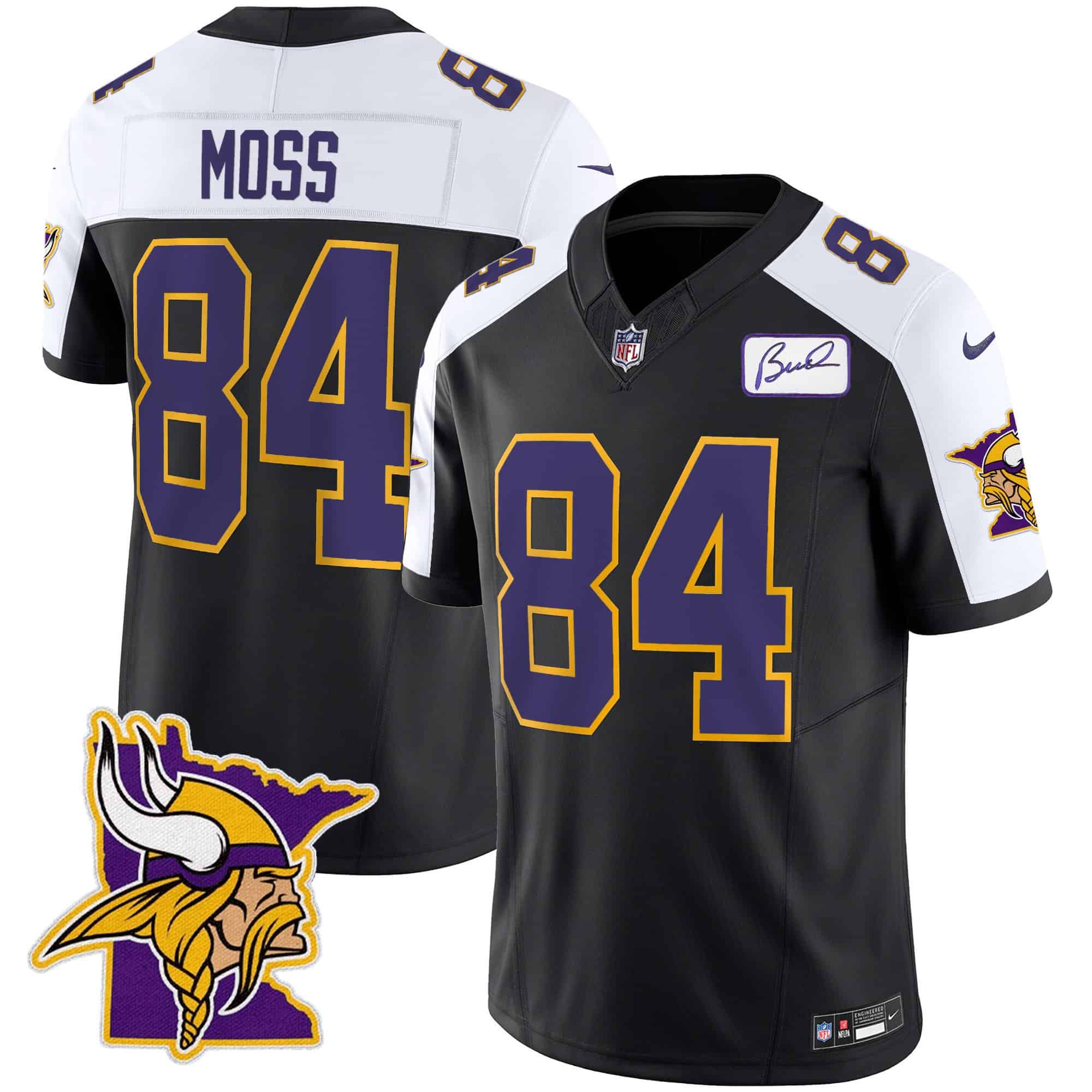 Men’s Vikings Bud Grant Patch Classic Limited Jersey V5 – All Stitched – Black Alternate – Randy Moss