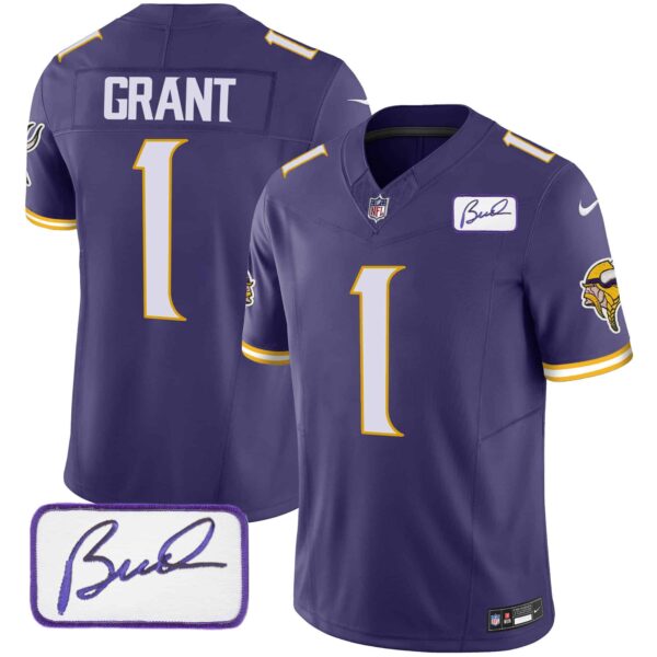 Men’s Vikings Bud Grant Patch Classic Limited Jersey V4 – All Stitched – Purple – Bud Grant
