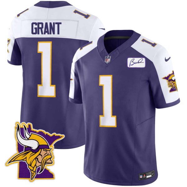Men’s Vikings Bud Grant Patch Classic Limited Jersey V5 – All Stitched – Purple Alternate – Bud Grant