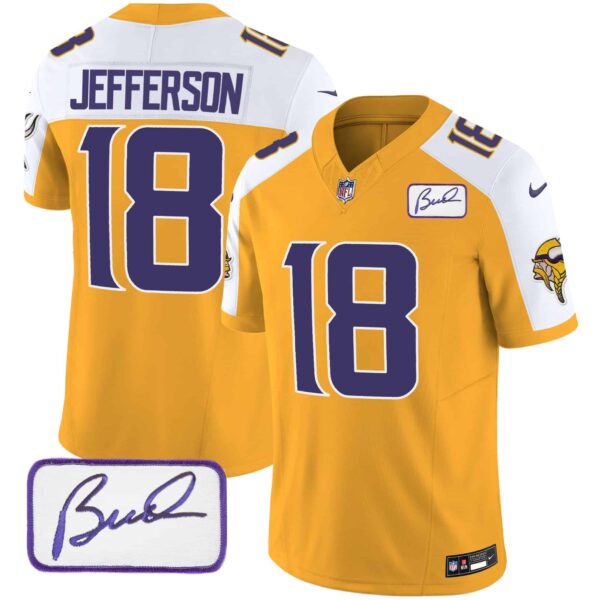 Men’s Vikings Bud Grant Patch Classic Limited Jersey V4 – All Stitched – Gold Alternate – Justin Jefferson
