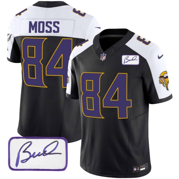 Men’s Vikings Bud Grant Patch Classic Limited Jersey V4 – All Stitched – Black Alternate – Randy Moss