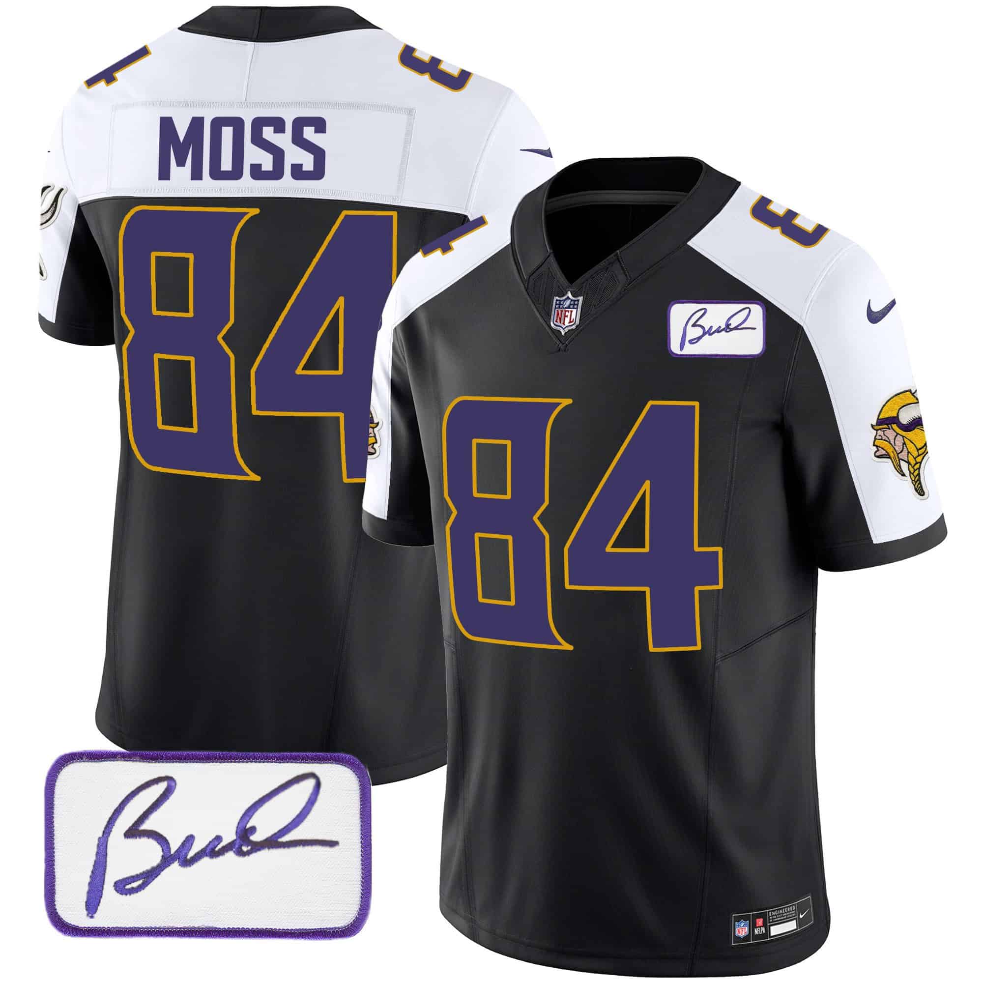 Men’s Vikings Bud Grant Patch Classic Limited Jersey V4 – All Stitched – Black Alternate – Randy Moss