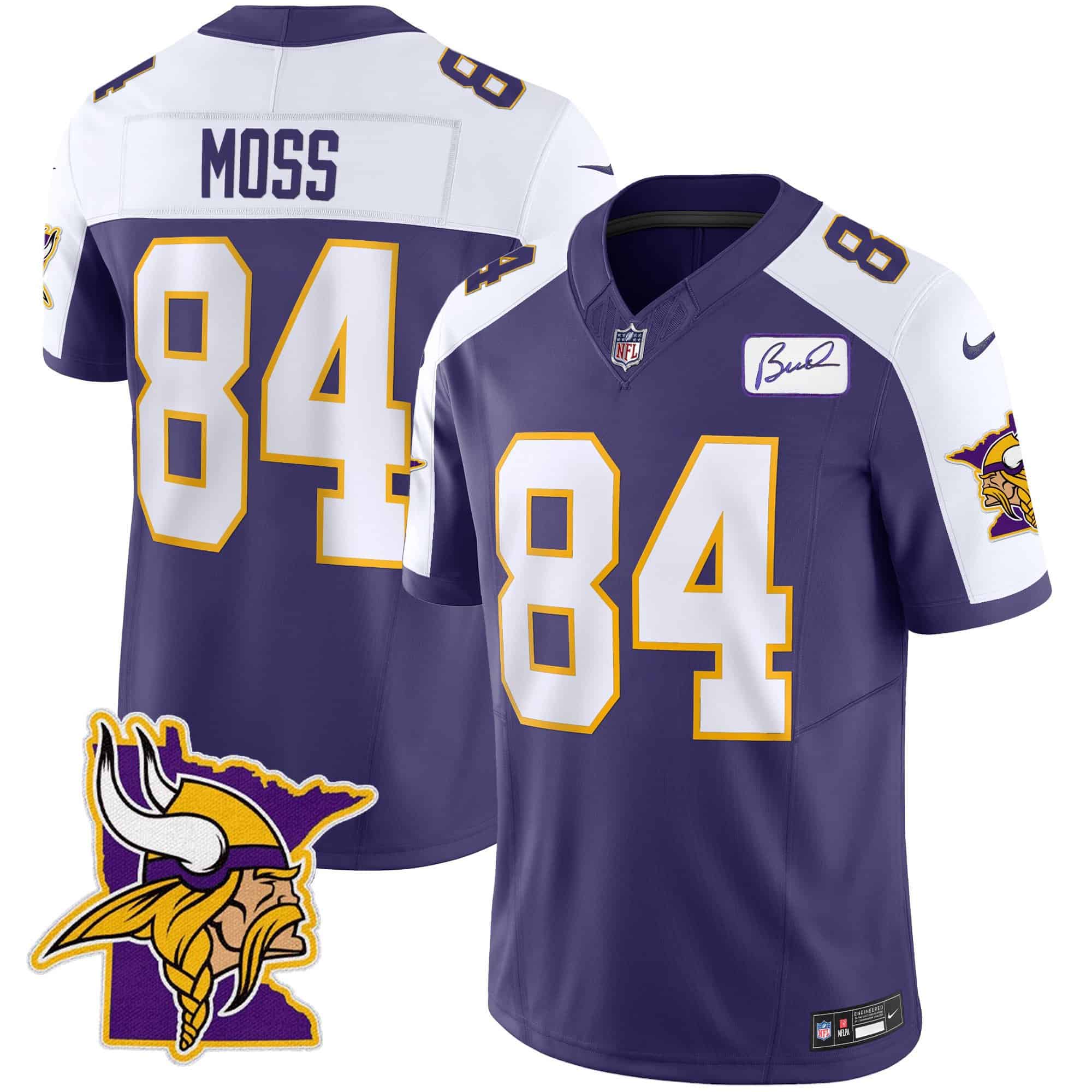Men’s Vikings Bud Grant Patch Classic Limited Jersey V5 – All Stitched – Purple Alternate – Randy Moss