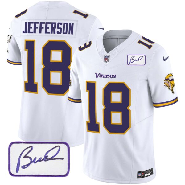 Men’s Vikings Bud Grant Patch Classic Limited Jersey V6 – All Stitched – White – Justin Jefferson