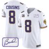 Men’s Vikings Bud Grant Patch Classic Limited Jersey V4 – All Stitched – White – Kirk Cousins