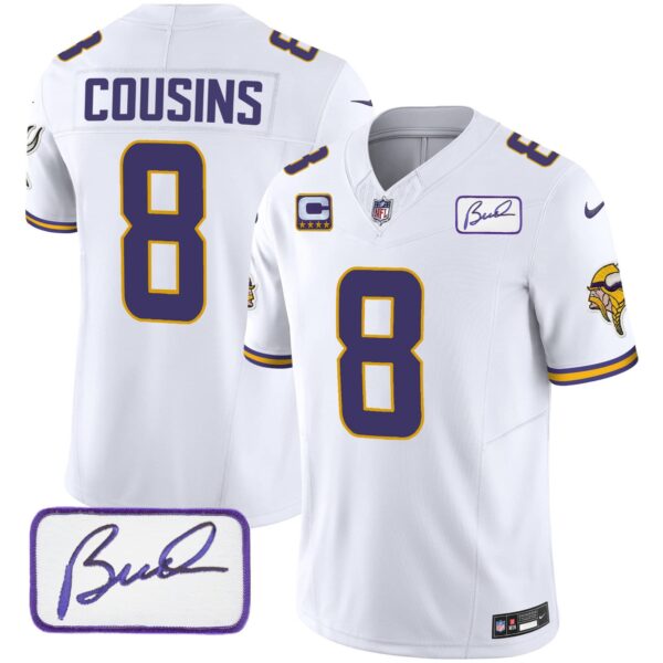Men’s Vikings Bud Grant Patch Classic Limited Jersey V4 – All Stitched – White – Kirk Cousins