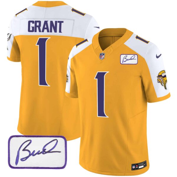 Men’s Vikings Bud Grant Patch Classic Limited Jersey V4 – All Stitched – Gold Alternate – Bud Grant