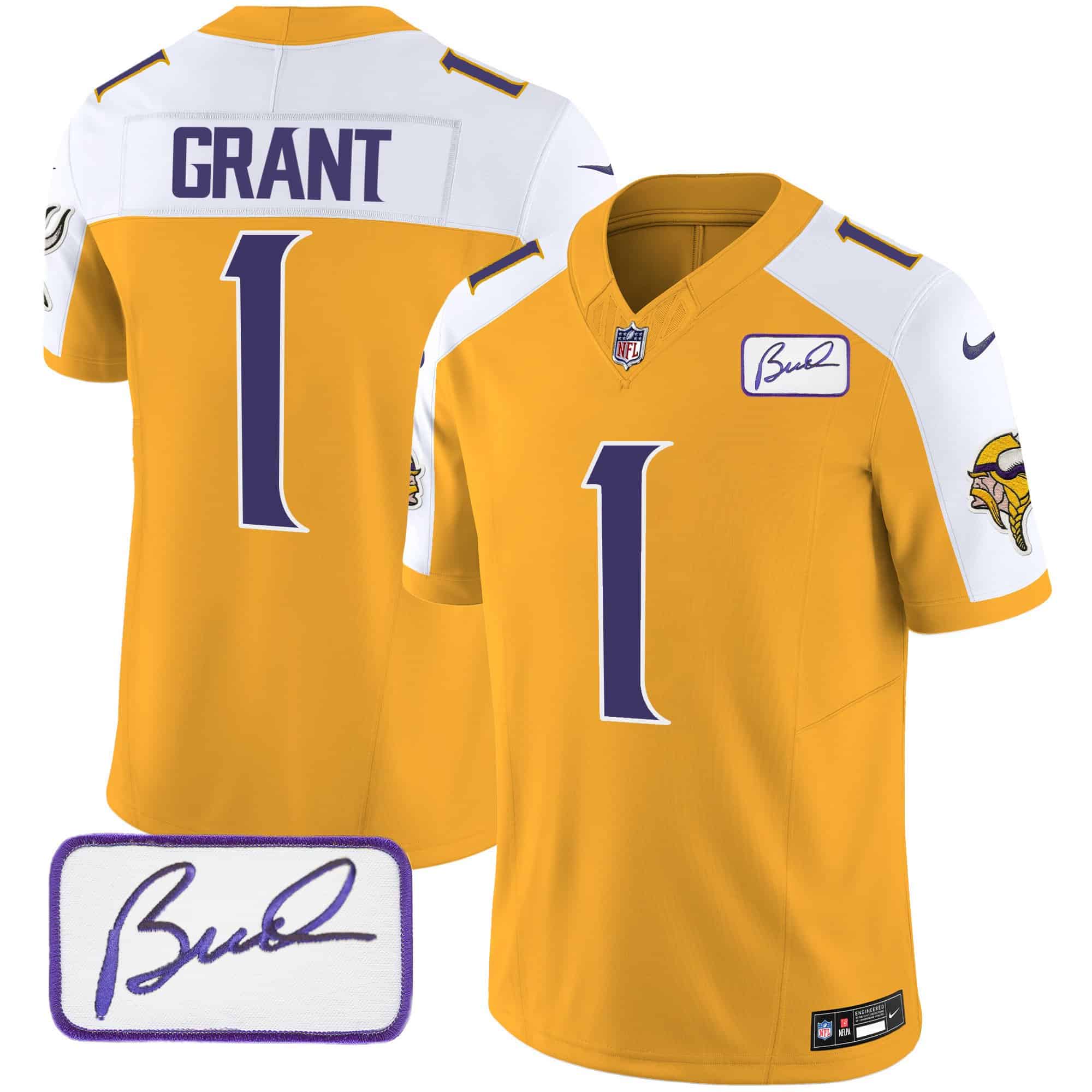 Men’s Vikings Bud Grant Patch Classic Limited Jersey V4 – All Stitched – Gold Alternate – Bud Grant