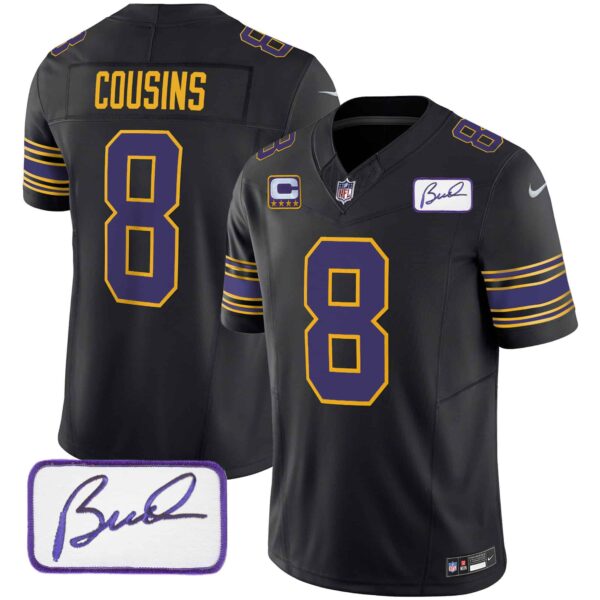 Men’s Vikings Bud Grant Patch Classic Limited Jersey – All Stitched – Black – Kirk Cousins
