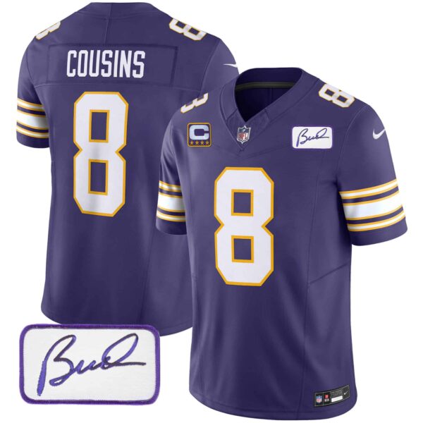 Men’s Vikings Bud Grant Patch Classic Limited Jersey – All Stitched – Purple – Kirk Cousins