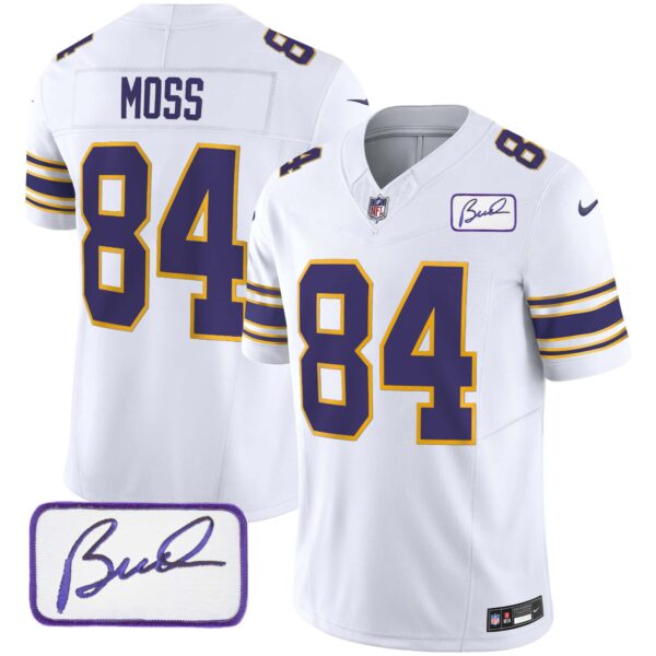 Men’s Vikings Bud Grant Patch Classic Limited Jersey – All Stitched – White – Randy Moss